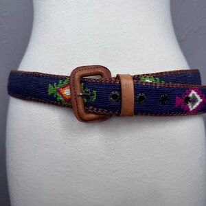 Vintage 38" leather belt, woven fabric wrapped handmade in Guatemala Boho